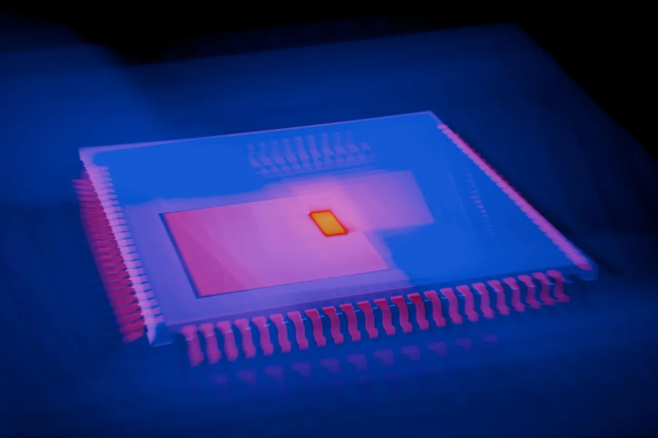 Close-up of a computer chip in a dark room highlighting microelectronic components